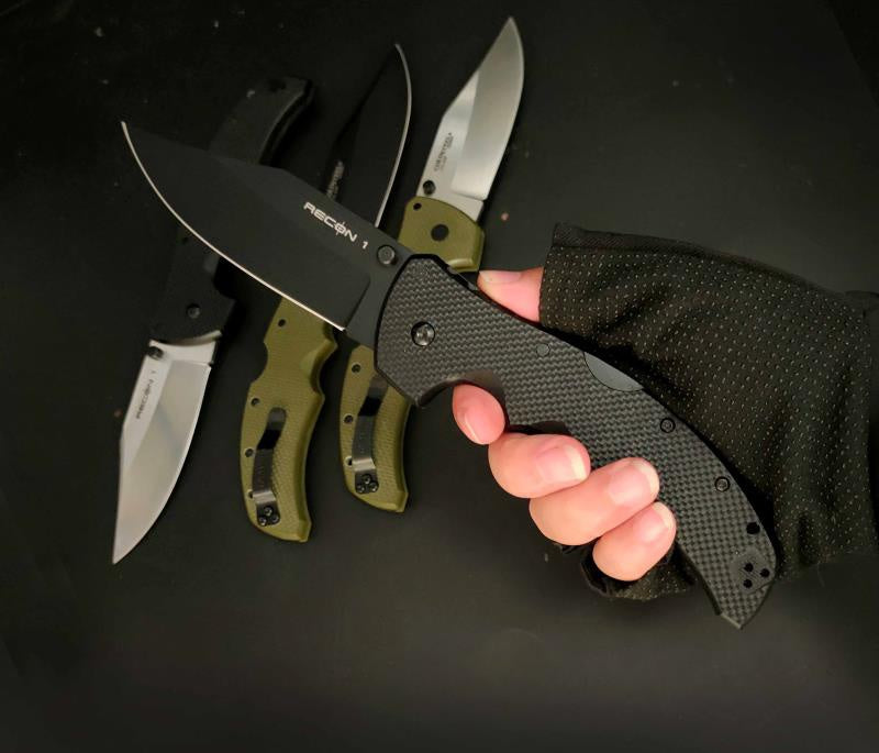 Tactical Rescue Survival Outdoor Hunting Knife Cold Steel 27BC Recon 1 Clip Point Folding Knife 4" S35VN Black DLC Plain Blade,  G10 Handles