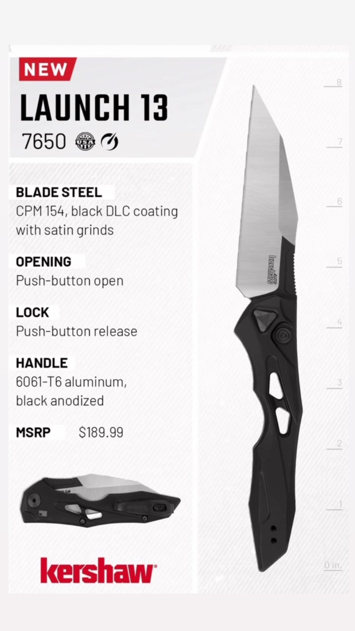 New Tactical knife KERSHAW 7650 Launch 13 AUTO Folding Knife 3.5" Two-Tone CPM-154 Wharncliffe Blade, Black Anodized Aluminum Handles