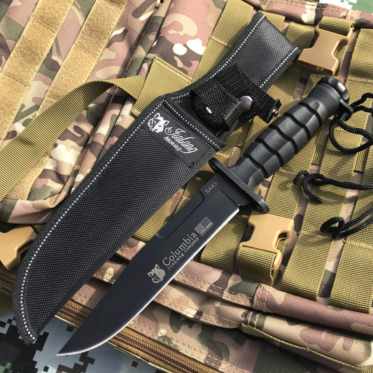 Columbia BLACK TACTICAL HUNTING FIXED BLADE MILITARY COMBAT SURVIVAL KNIFE + NYLON SHEATH