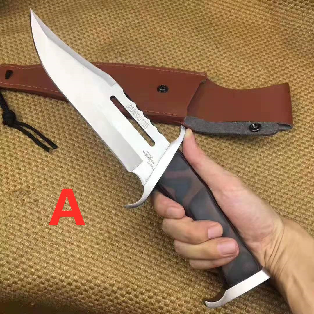 Rambo Wooden Handle Straight Knife Military Tactical Classic Serrated Dagger Fixed Blade Knife With Leather Sheath 58HRC