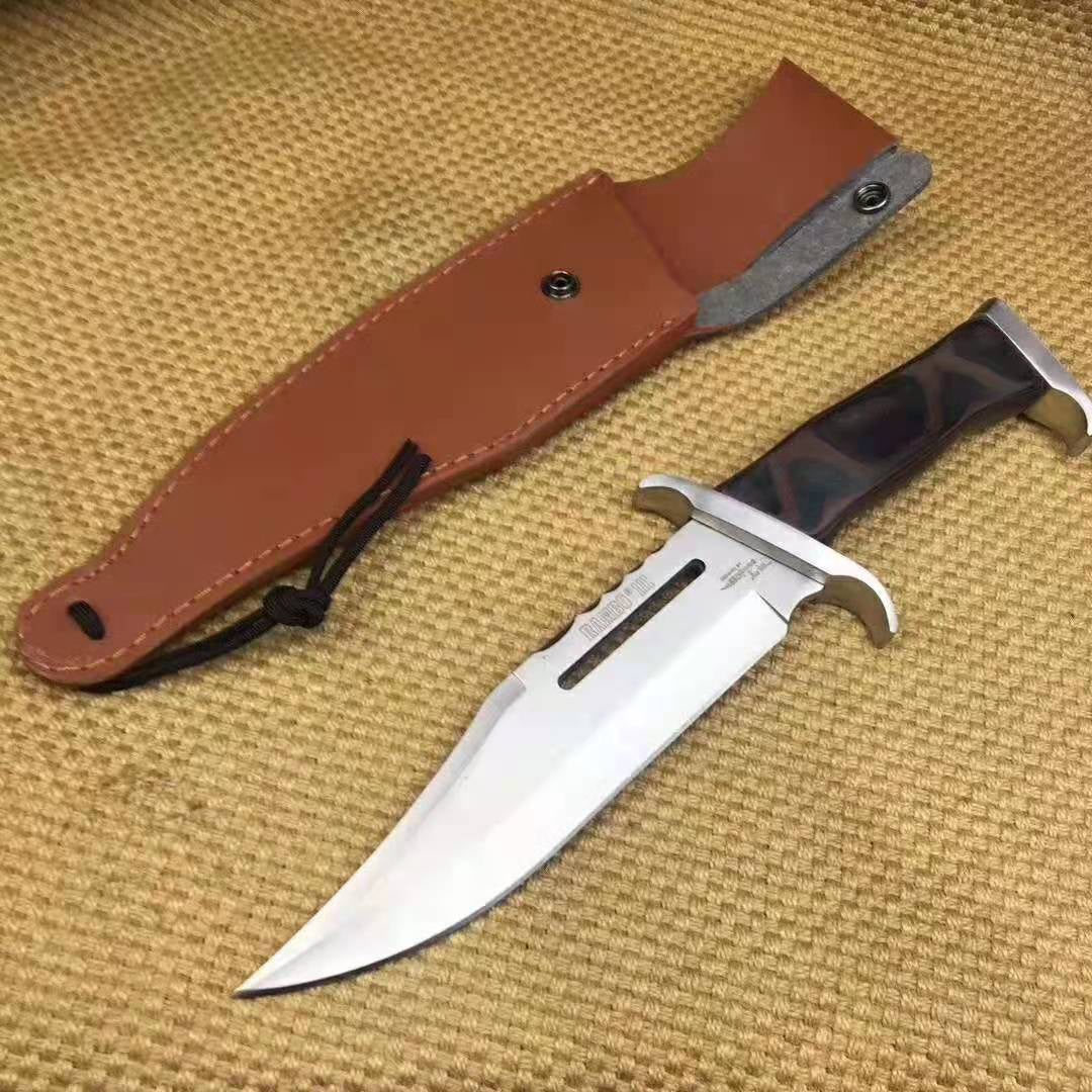 Rambo Wooden Handle Straight Knife Military Tactical Classic Serrated Dagger Fixed Blade Knife With Leather Sheath 58HRC