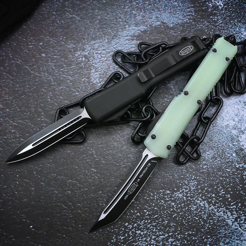 Microtech's top-quality UT85 G10 handle OTF spring automatic Knife D2 steel quick switch straight out of the double-edged outdoor hiking camping survival Tactical Knife