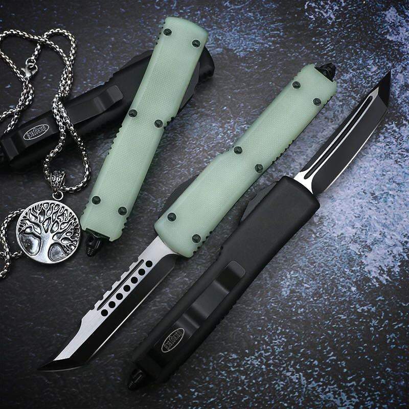 Microtech's top-quality UT85 G10 handle OTF spring automatic Knife D2 steel quick switch straight out of the double-edged outdoor hiking camping survival Tactical Knife