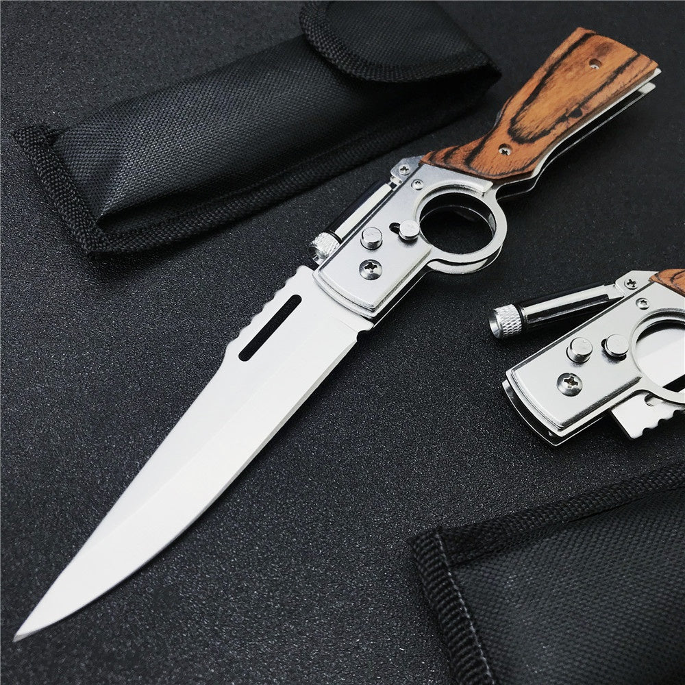 AK47 Gun Knife Folding Pocket Knife 440 Blade Wood Handle Multitool Knives With LED light