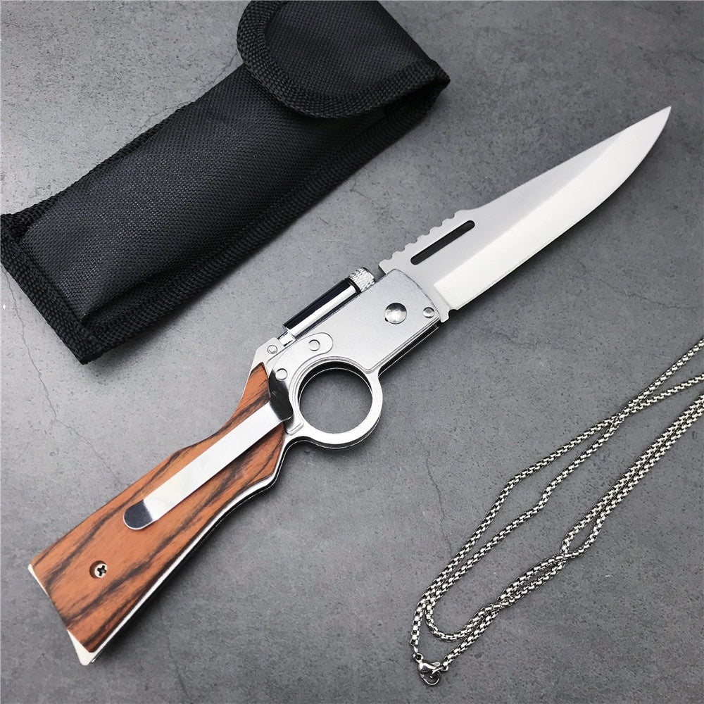 AK47 Gun Knife Folding Pocket Knife 440 Blade Wood Handle Multitool Knives With LED light