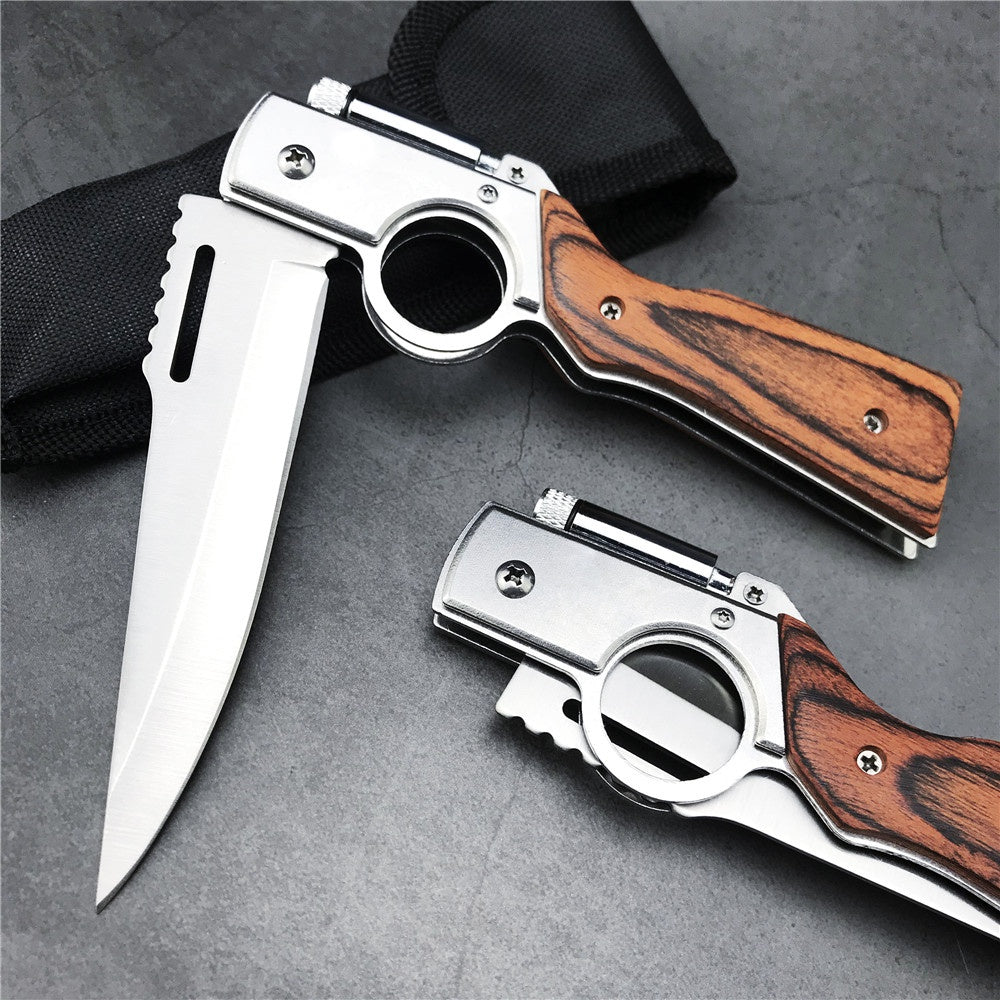 AK47 Gun Knife Folding Pocket Knife 440 Blade Wood Handle Multitool Knives With LED light