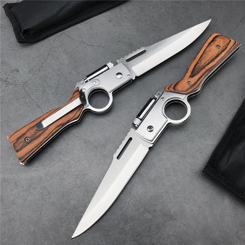 AK47 Gun Knife Folding Pocket Knife 440 Blade Wood Handle Multitool Knives With LED light