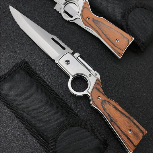 AK47 Gun Knife Folding Pocket Knife 440 Blade Wood Handle Multitool Knives With LED light