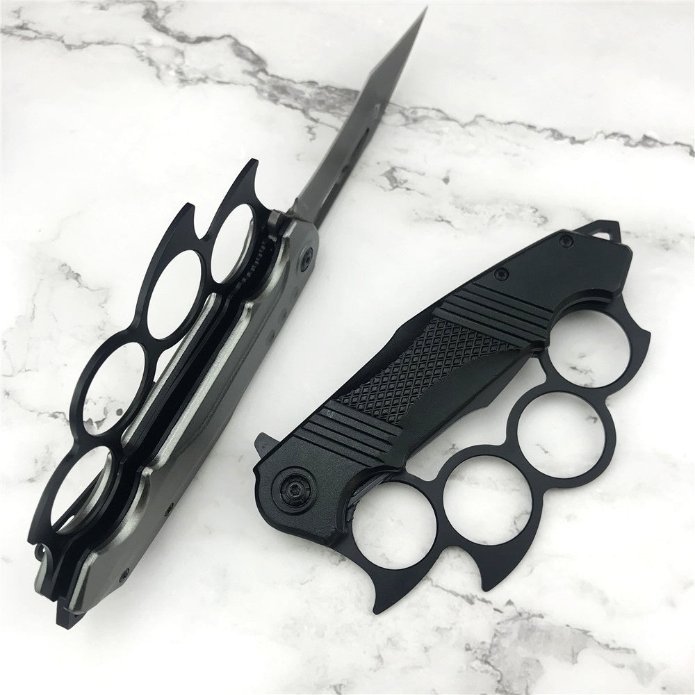 Chong Ming Tactical Brass Knuckle Style OTF Out The Front Dagger Blade Trench Knife Camping Outdoor Survival Self Defense Tool Switch Automatic Aluminium Handle