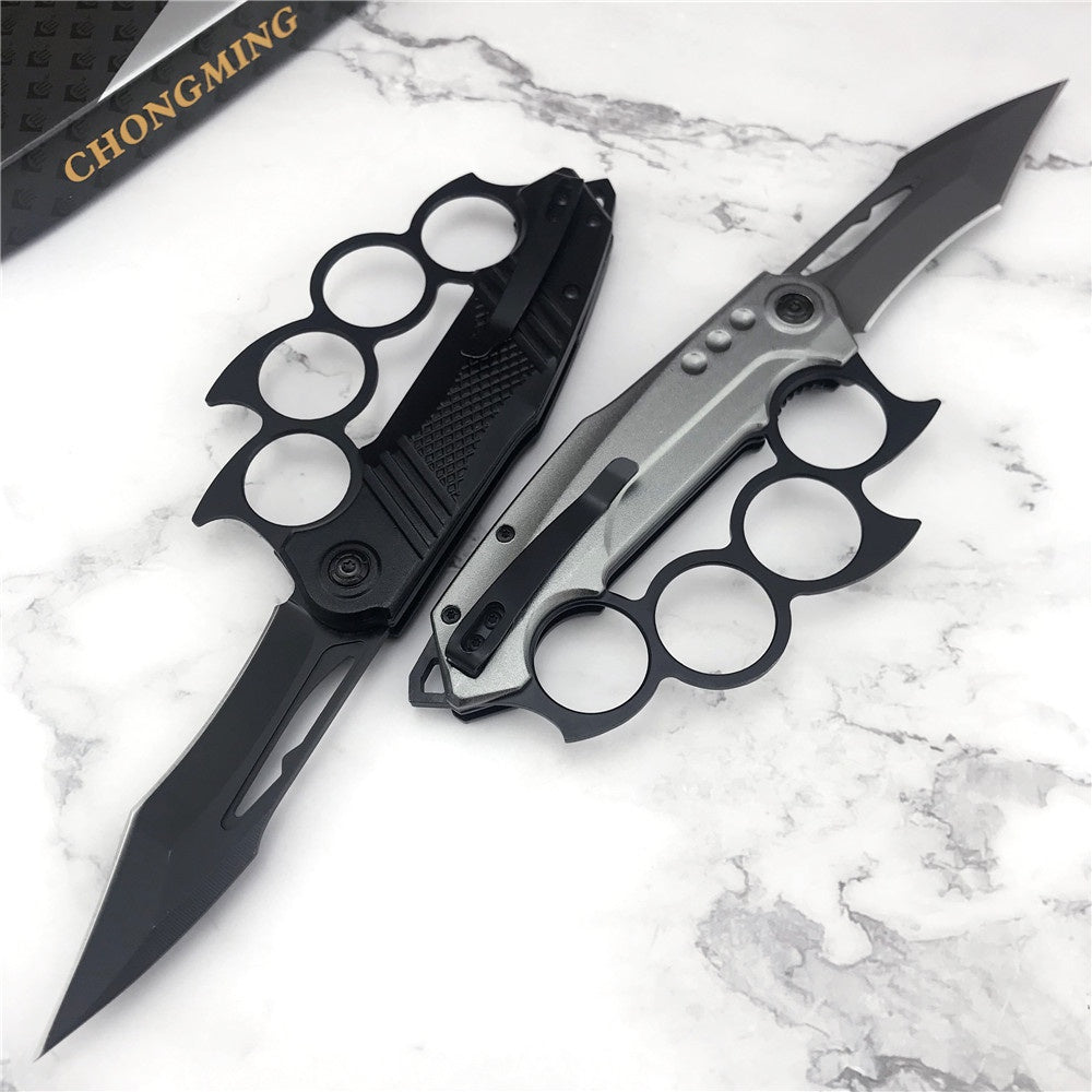 Chong Ming Tactical Brass Knuckle Style OTF Out The Front Dagger Blade Trench Knife Camping Outdoor Survival Self Defense Tool Switch Automatic Aluminium Handle