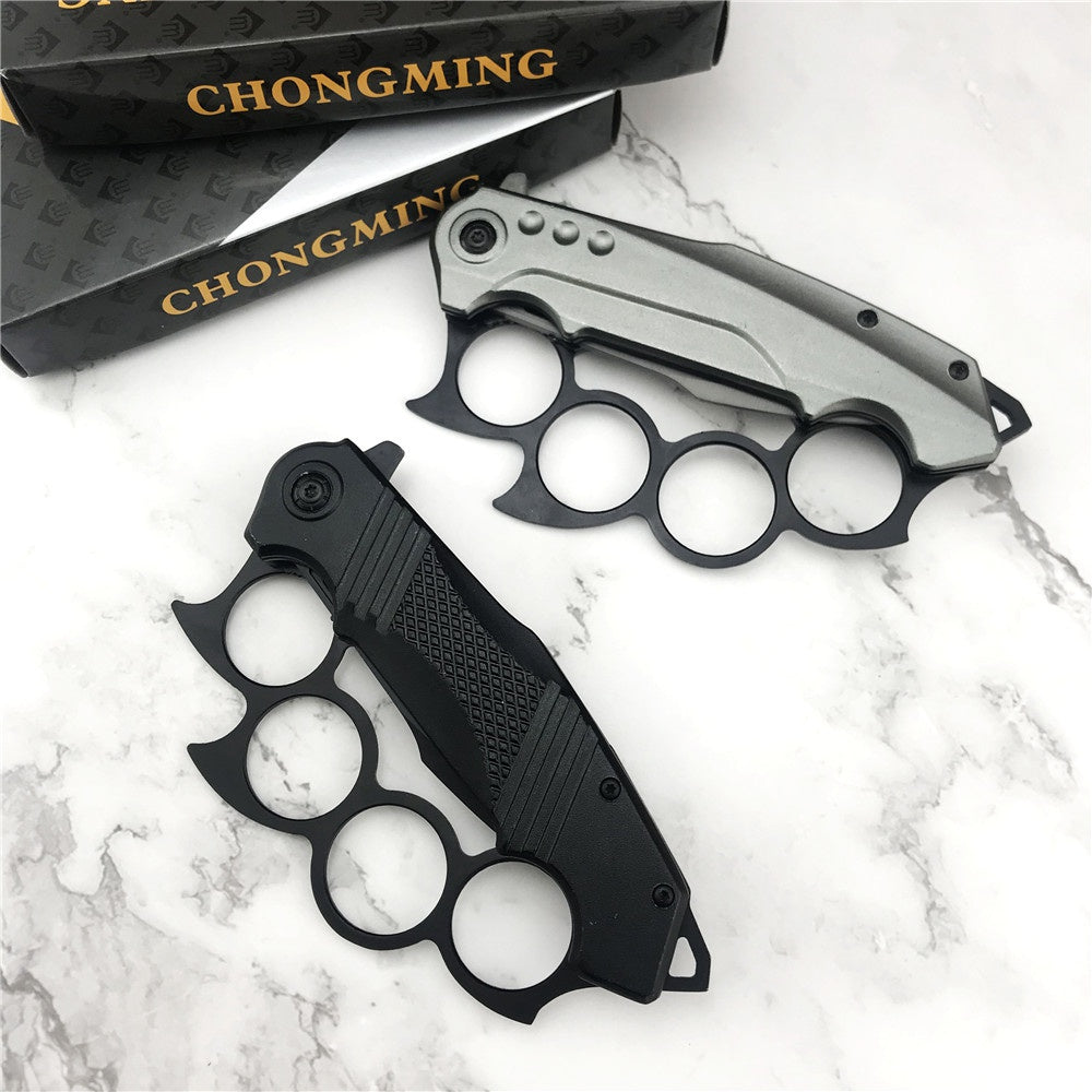 Chong Ming Tactical Brass Knuckle Style OTF Out The Front Dagger Blade Trench Knife Camping Outdoor Survival Self Defense Tool Switch Automatic Aluminium Handle