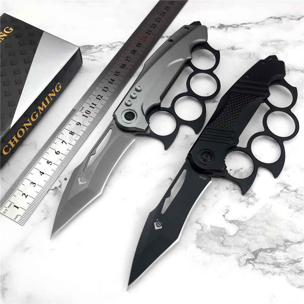 Chong Ming Tactical Brass Knuckle Style OTF Out The Front Dagger Blade Trench Knife Camping Outdoor Survival Self Defense Tool Switch Automatic Aluminium Handle