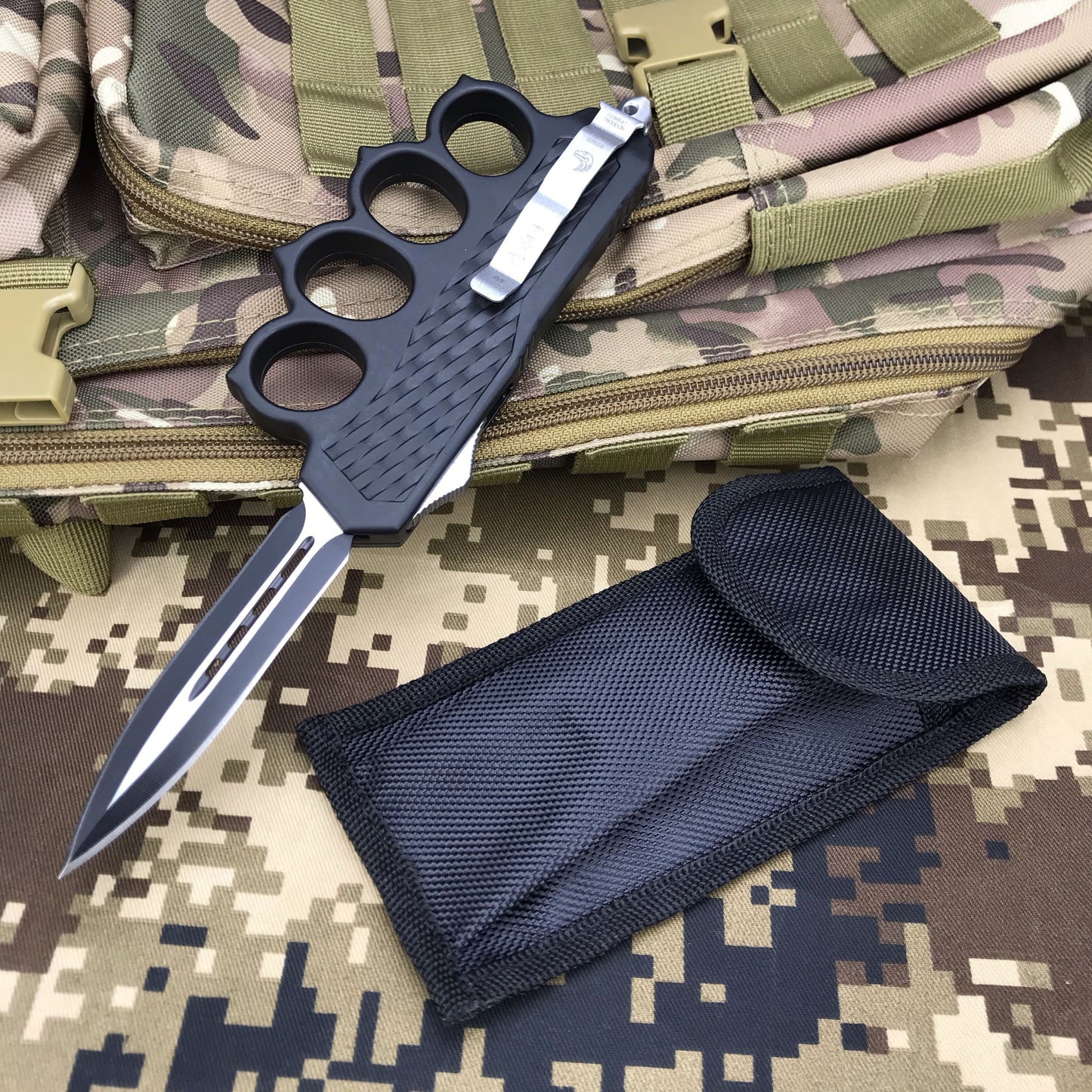 Microtech Knuckle Trench Tactical Spring Assisted Open Folding Pocket Knife Straight Jump Double Full Blade AUTO Spring Assisted Tactical Hunting Camping Dagger Bracelet Knife tools