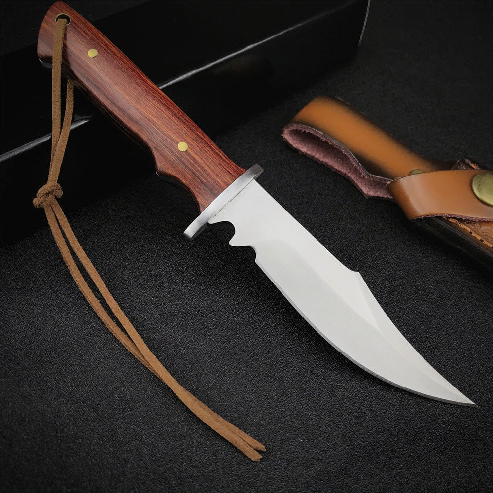 Fixed Blade Knife 7CR13MOV Steel Tactical Straight Knife Rosewood Handle Knife EDC Pocket Knife Fishing Knife Gift Cowskin Scabbard