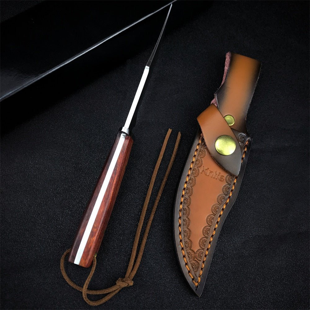 Fixed Blade Knife 7CR13MOV Steel Tactical Straight Knife Rosewood Handle Knife EDC Pocket Knife Fishing Knife Gift Cowskin Scabbard