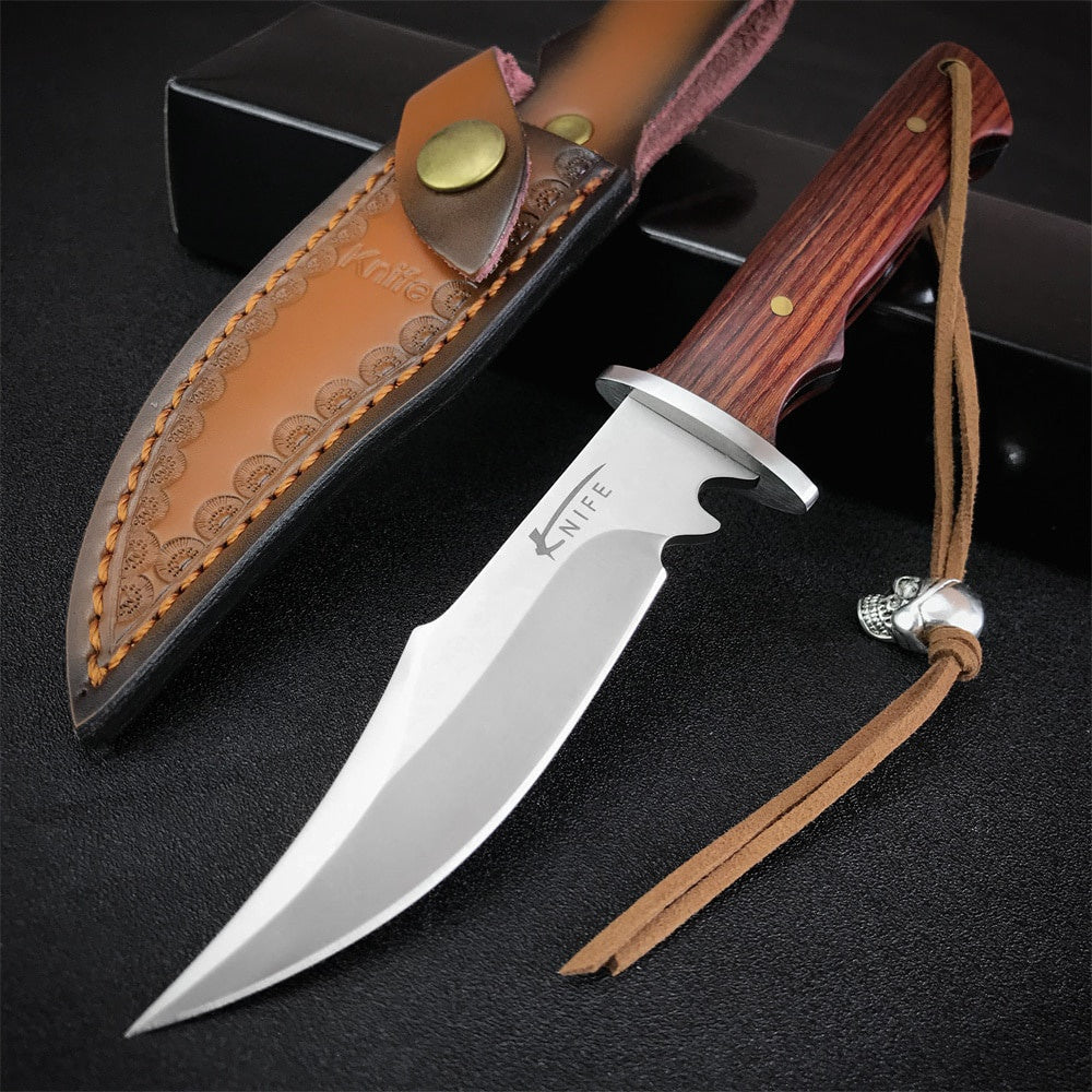 Fixed Blade Knife 7CR13MOV Steel Tactical Straight Knife Rosewood Handle Knife EDC Pocket Knife Fishing Knife Gift Cowskin Scabbard