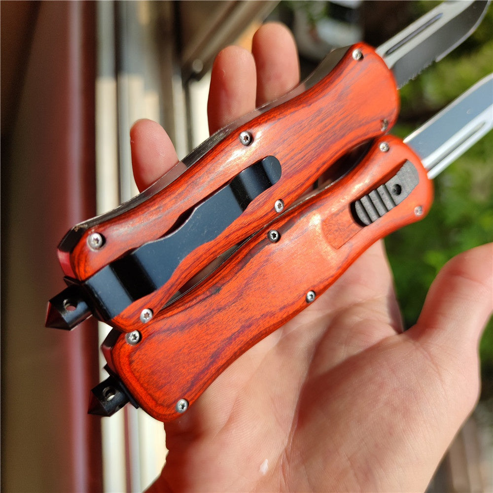 Out The Front OTF BENCHMADE A016 Tactical Knifes Wooden Handle Outdoor Pocket Camping Survuval EDC Tools Safety Cutting DOUBLE-ACTION Switch Blade Knife Christmas Gift Knife Sheath