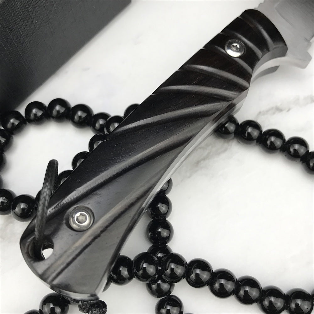 Stainless Steel Tactical Fixed Blade Knife Ebony Handle Survival Rescue Tools Hunting Knives Corrosion Resistance Hunting Combat Outdoor Tool Gift Leather Sheath