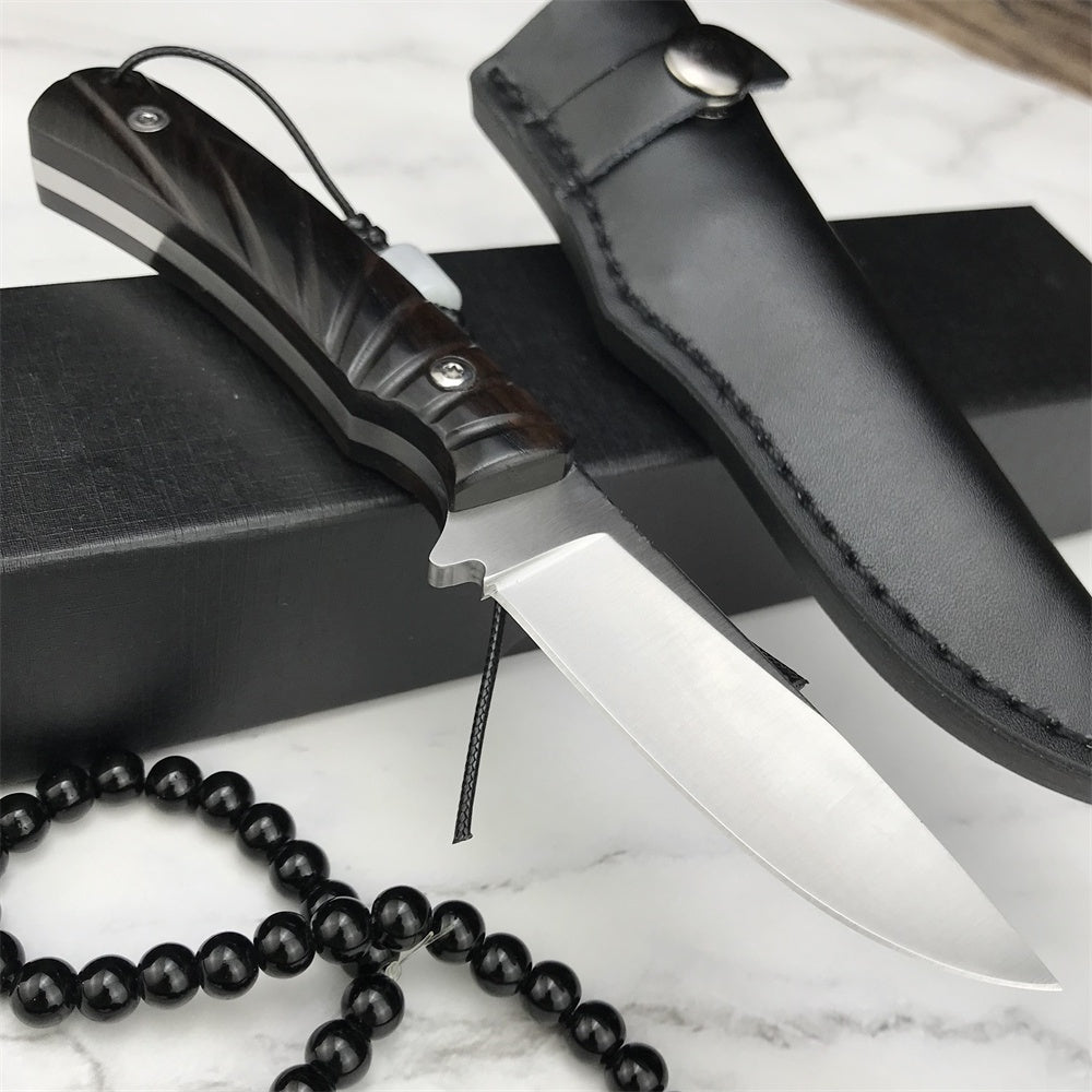 Stainless Steel Tactical Fixed Blade Knife Ebony Handle Survival Rescue Tools Hunting Knives Corrosion Resistance Hunting Combat Outdoor Tool Gift Leather Sheath