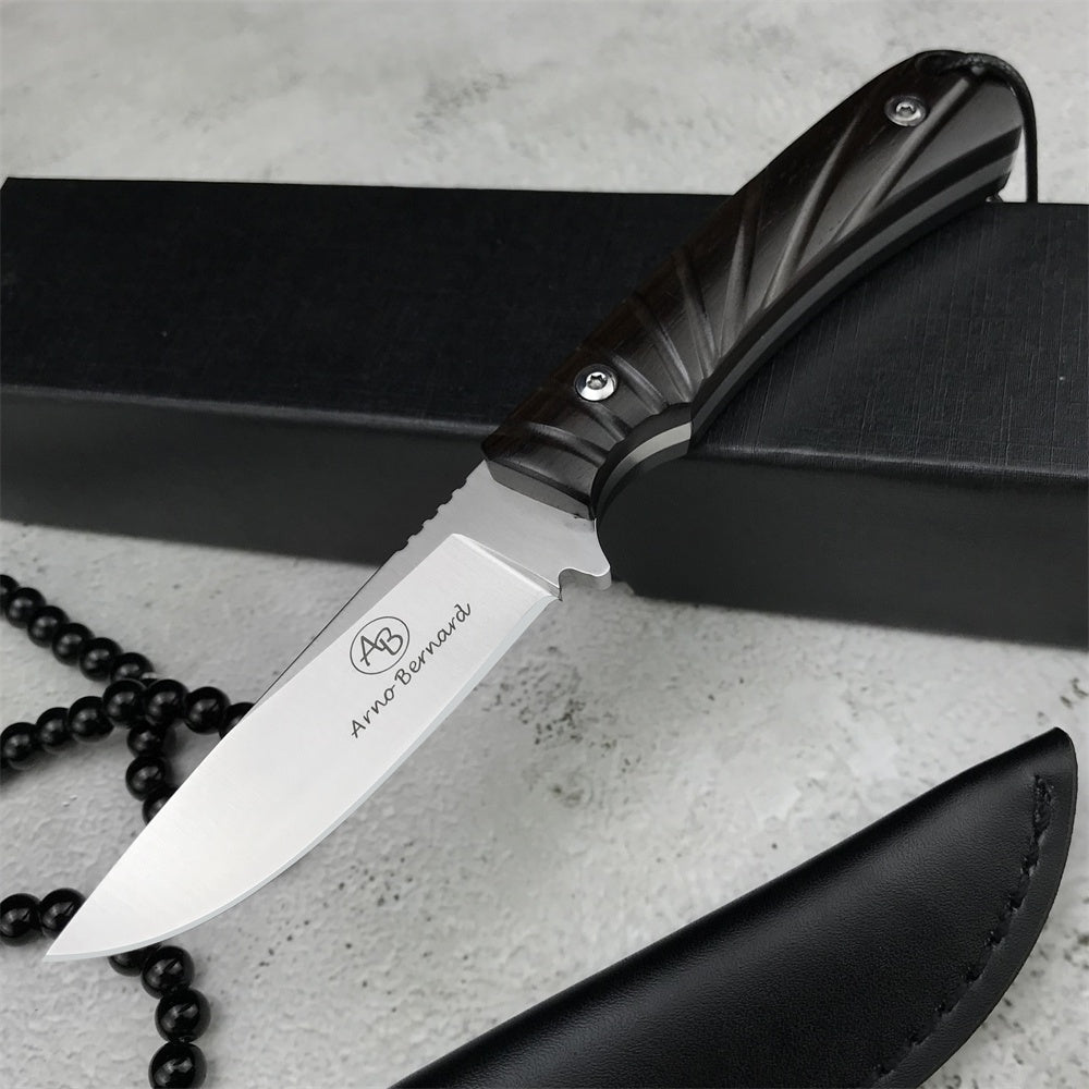 Stainless Steel Tactical Fixed Blade Knife Ebony Handle Survival Rescue Tools Hunting Knives Corrosion Resistance Hunting Combat Outdoor Tool Gift Leather Sheath