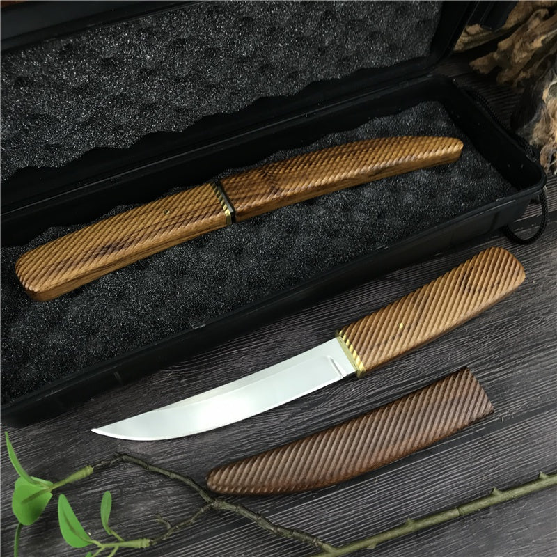 HUAAO Handmade Shiro Wood Handle "Dragon Teeth"  Japanese Samurai Katana Tactical Fixed Blade Knife Camping Collection Knives