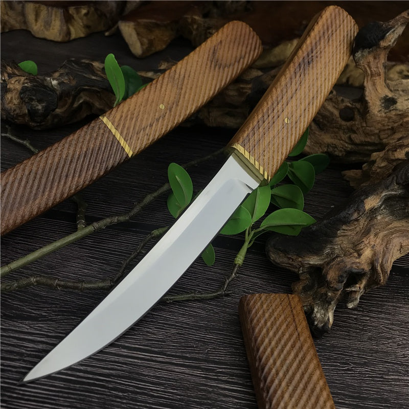 HUAAO Handmade Shiro Wood Handle "Dragon Teeth"  Japanese Samurai Katana Tactical Fixed Blade Knife Camping Collection Knives