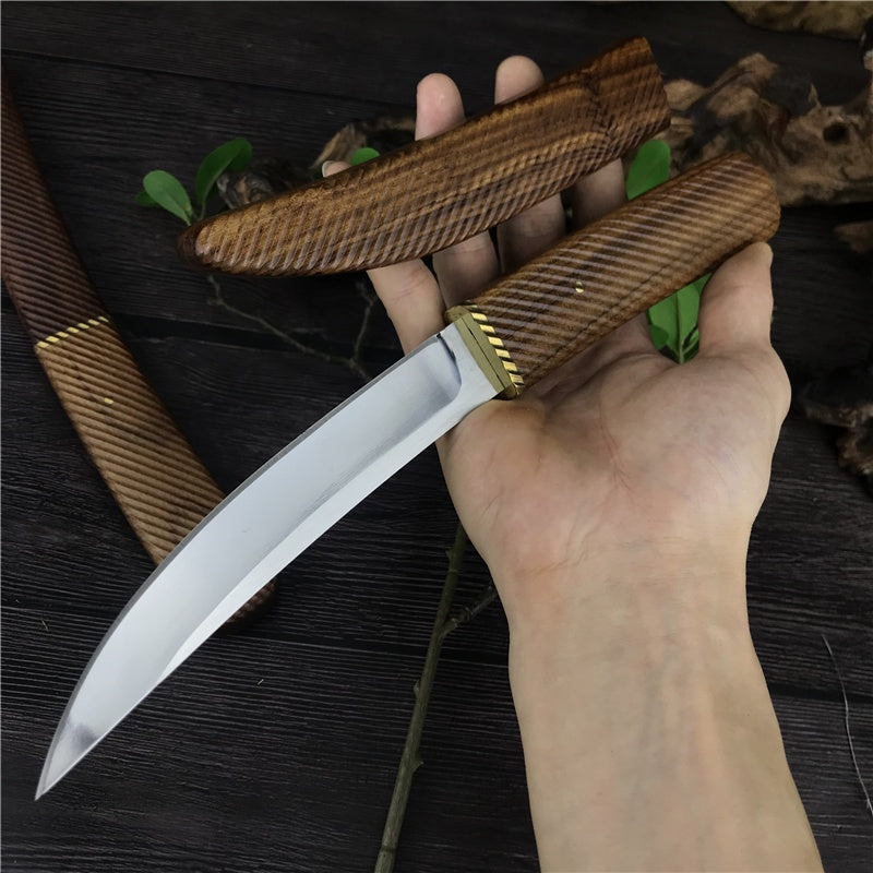 HUAAO Handmade Shiro Wood Handle "Dragon Teeth"  Japanese Samurai Katana Tactical Fixed Blade Knife Camping Collection Knives