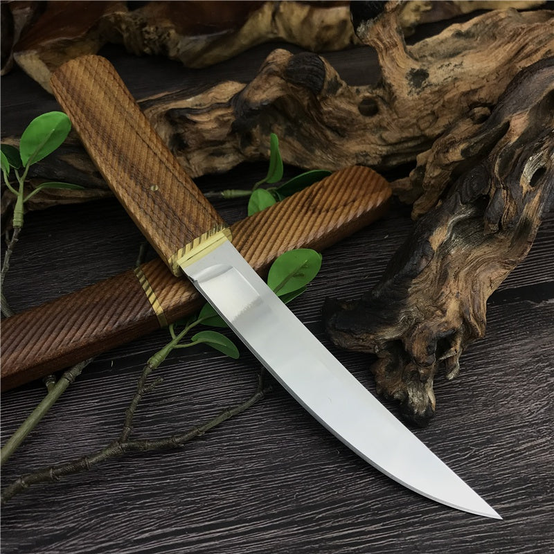 HUAAO Handmade Shiro Wood Handle "Dragon Teeth"  Japanese Samurai Katana Tactical Fixed Blade Knife Camping Collection Knives