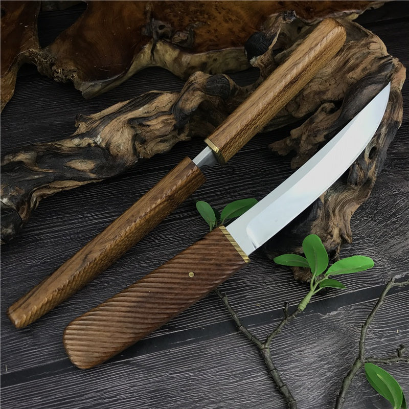 HUAAO Handmade Shiro Wood Handle "Dragon Teeth"  Japanese Samurai Katana Tactical Fixed Blade Knife Camping Collection Knives