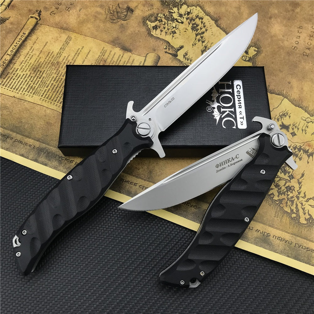 RUSSIA HOCK Finka S Knox Tactical Folding Knife EDC Tool D2 Blade Black G10 Handle Hunting Survival Pocket Knives