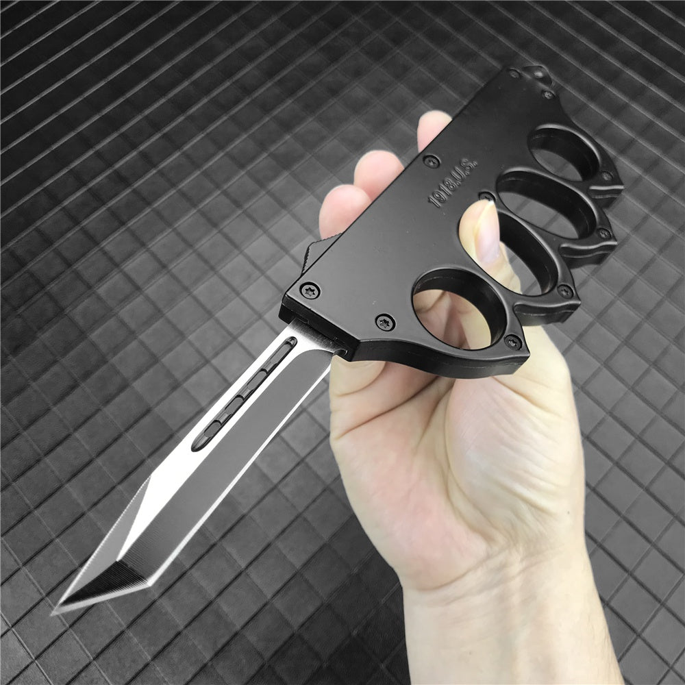 U.S. Microtech 1918 Brass Knuckle Trench Knife Tactical Brass Knuckle Style OTF Out The Front Dagger Blade Trench Knife Camping Outdoor Survival Self Defense Tool Switch Automatic Aluminum Alloy Handle