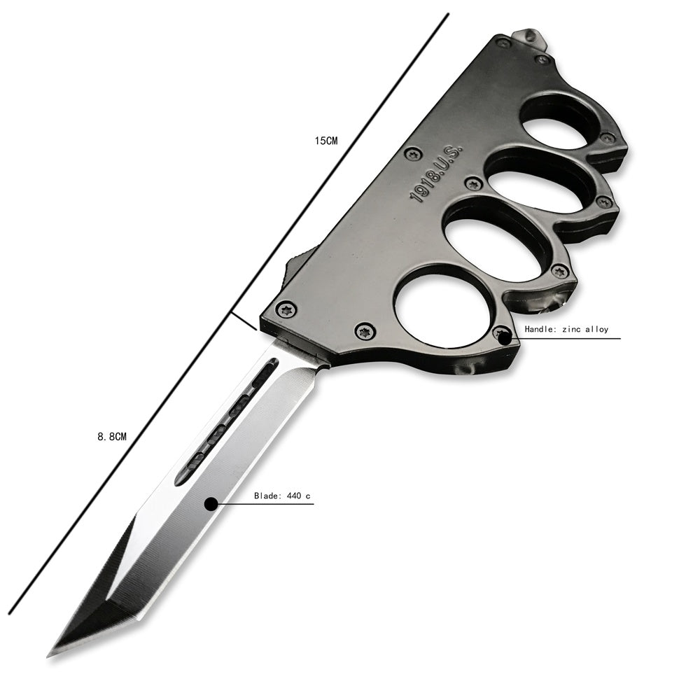 U.S. Microtech 1918 Brass Knuckle Trench Knife Tactical Brass Knuckle Style OTF Out The Front Dagger Blade Trench Knife Camping Outdoor Survival Self Defense Tool Switch Automatic Aluminum Alloy Handle