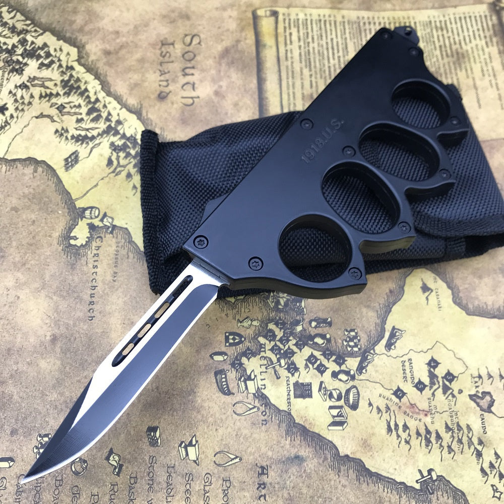 U.S. Microtech 1918 Brass Knuckle Trench Knife Tactical Brass Knuckle Style OTF Out The Front Dagger Blade Trench Knife Camping Outdoor Survival Self Defense Tool Switch Automatic Aluminum Alloy Handle