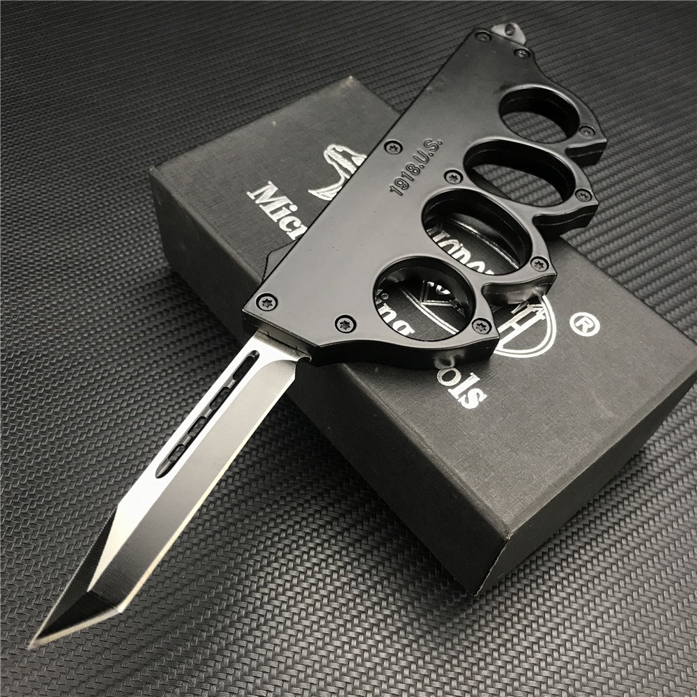 U.S. Microtech 1918 Brass Knuckle Trench Knife Tactical Brass Knuckle Style OTF Out The Front Dagger Blade Trench Knife Camping Outdoor Survival Self Defense Tool Switch Automatic Aluminum Alloy Handle