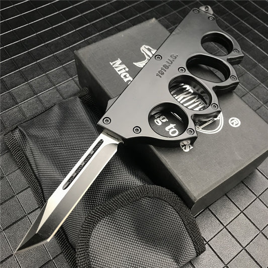 U.S. Microtech 1918 Brass Knuckle Trench Knife Tactical Brass Knuckle Style OTF Out The Front Dagger Blade Trench Knife Camping Outdoor Survival Self Defense Tool Switch Automatic Aluminum Alloy Handle