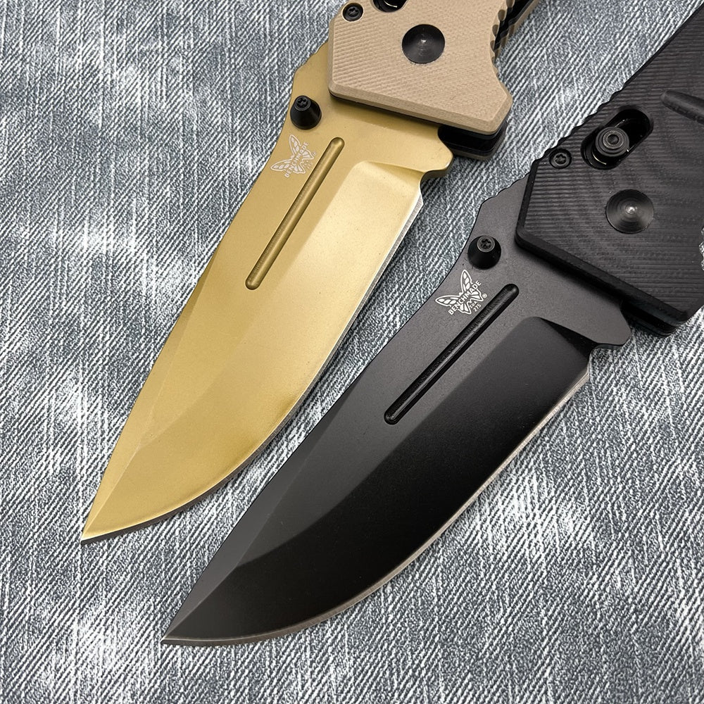 Benchmade 275SGY-1 Shane Sibert Adamas Folding EDC Knife 3.78" CruWear Tungsten Gray Combo/Flat Dark Earth Plain Blade, Black/OD Green G10 Handles, Ballistic Nylon Sheath