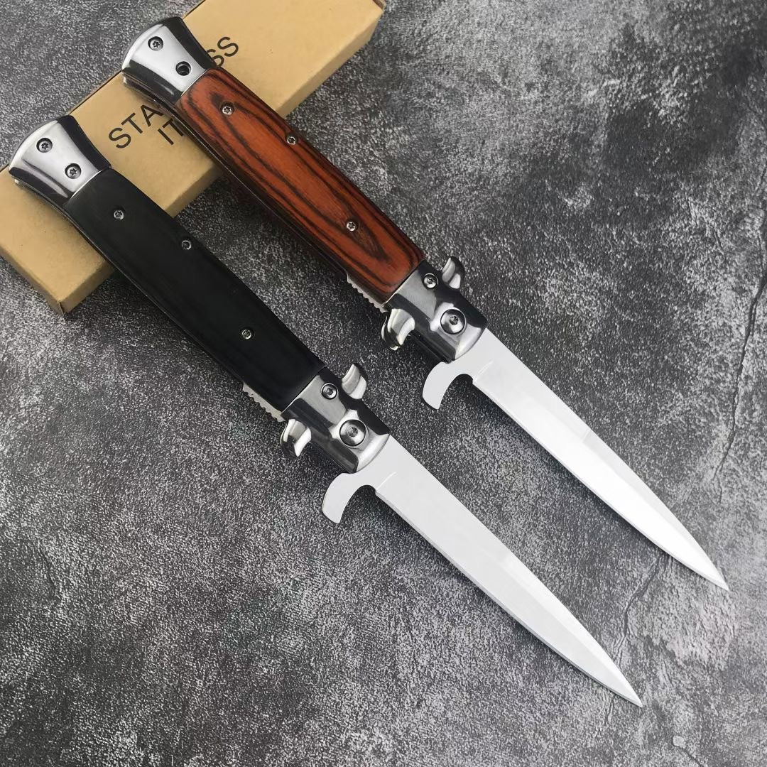 Italian Stiletto Spring Assisted Side Jump Knife 440C Single Edge Satin Blade Quick Opening Assisted Hiking Tactical Hunting Automatic Knives