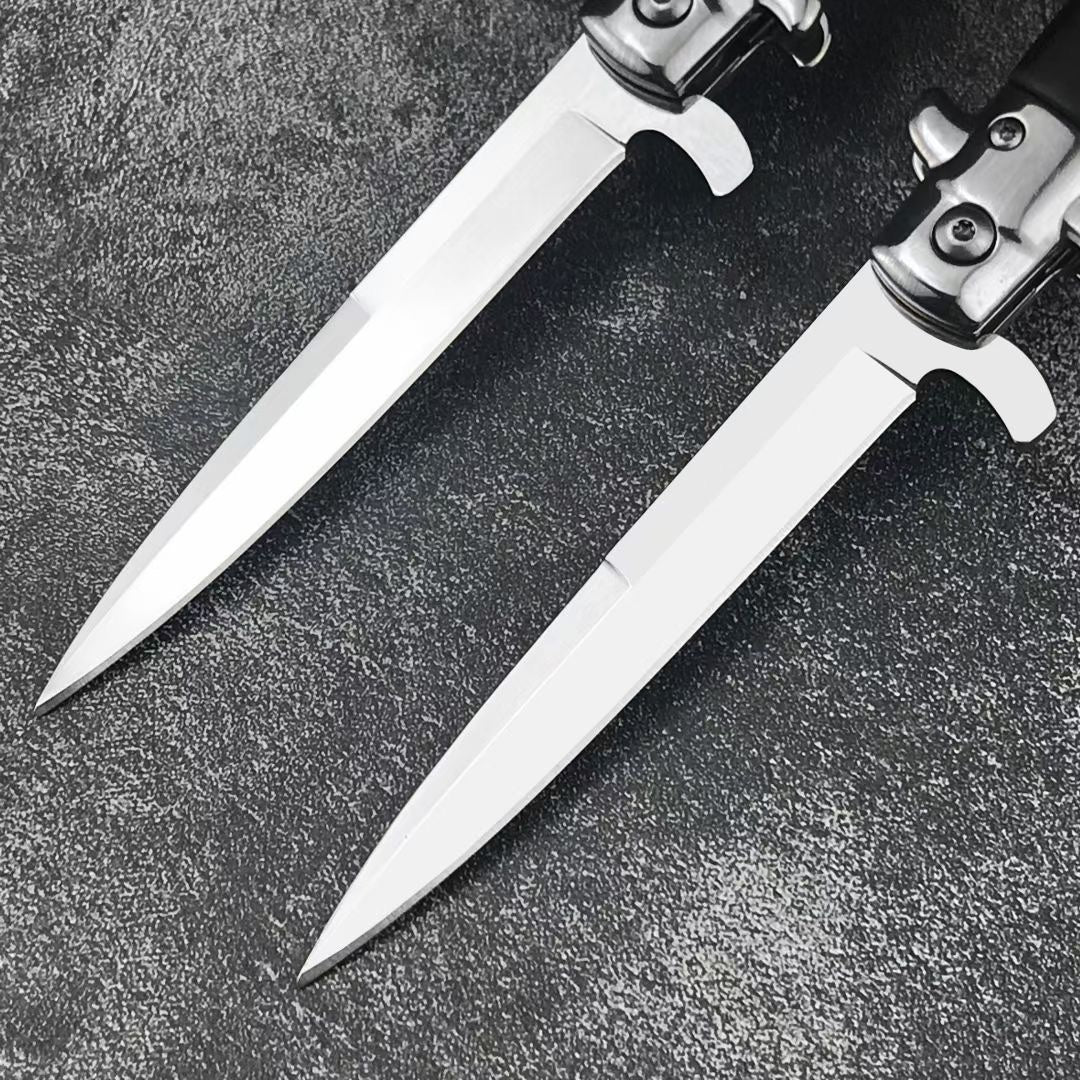 Italian Stiletto Spring Assisted Side Jump Knife 440C Single Edge Satin Blade Quick Opening Assisted Hiking Tactical Hunting Automatic Knives