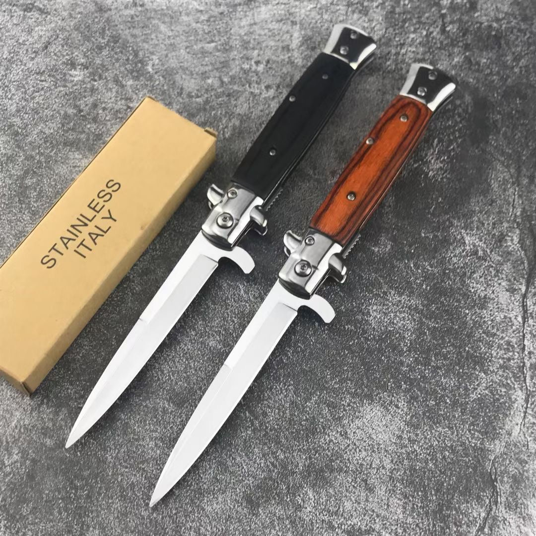 Italian Stiletto Spring Assisted Side Jump Knife 440C Single Edge Satin Blade Quick Opening Assisted Hiking Tactical Hunting Automatic Knives