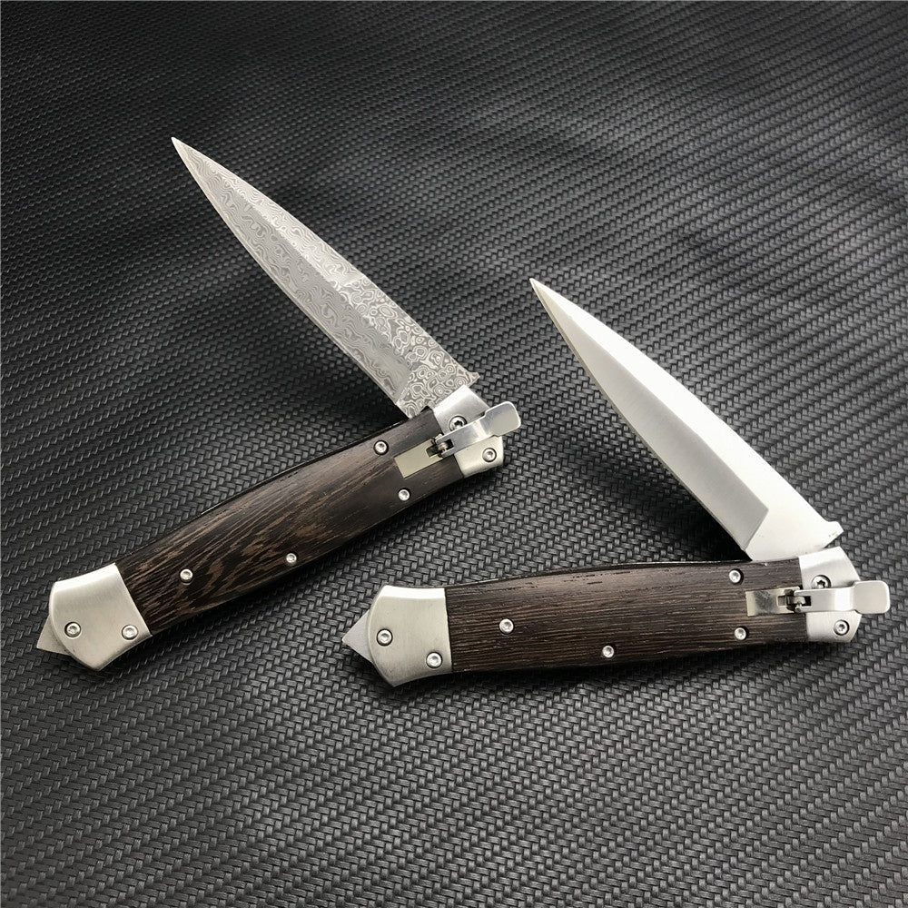 Damascus Steel Stiletto KnifeTactical Gear AUTO Folding Blade EDC Survival Knives Spring Assisted Knife Outdoor Camping Combat Hunting Knife