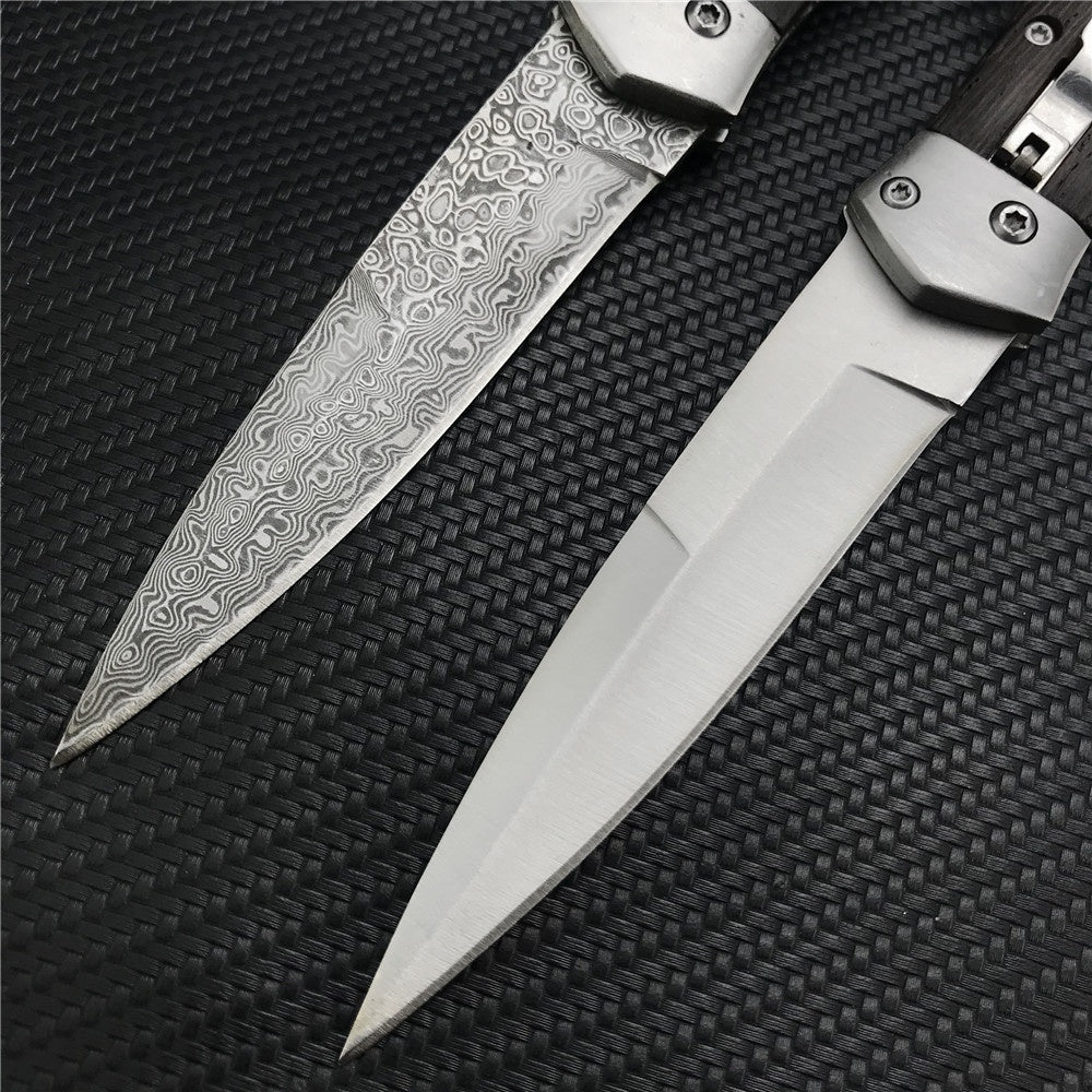 Damascus Steel Stiletto KnifeTactical Gear AUTO Folding Blade EDC Survival Knives Spring Assisted Knife Outdoor Camping Combat Hunting Knife