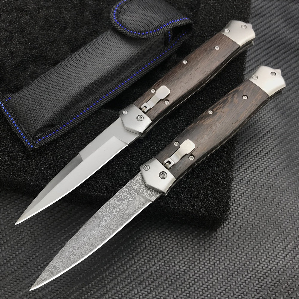 Damascus Steel Stiletto KnifeTactical Gear AUTO Folding Blade EDC Survival Knives Spring Assisted Knife Outdoor Camping Combat Hunting Knife