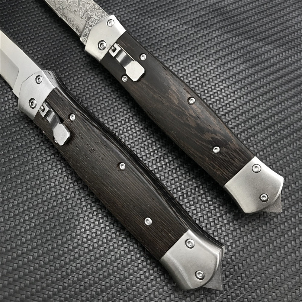 Damascus Steel Stiletto KnifeTactical Gear AUTO Folding Blade EDC Survival Knives Spring Assisted Knife Outdoor Camping Combat Hunting Knife