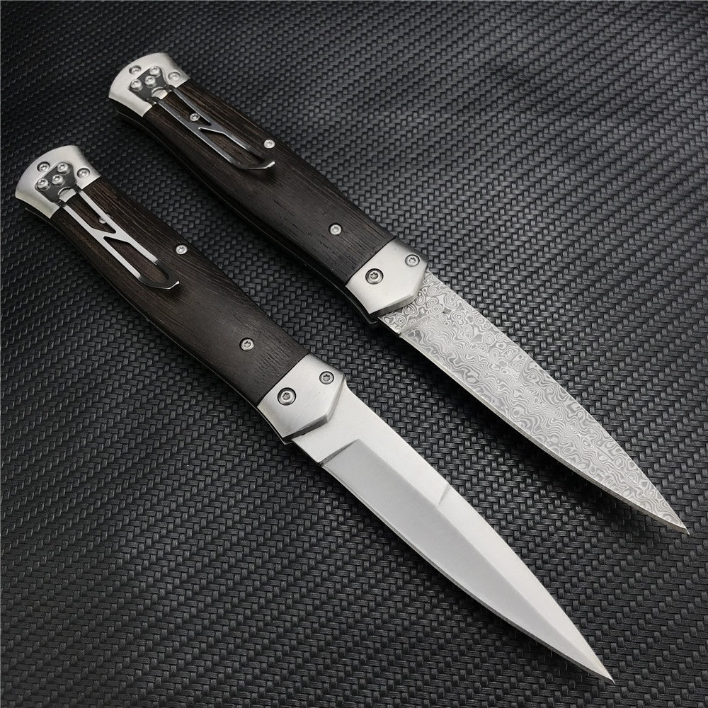 Damascus Steel Stiletto KnifeTactical Gear AUTO Folding Blade EDC Survival Knives Spring Assisted Knife Outdoor Camping Combat Hunting Knife