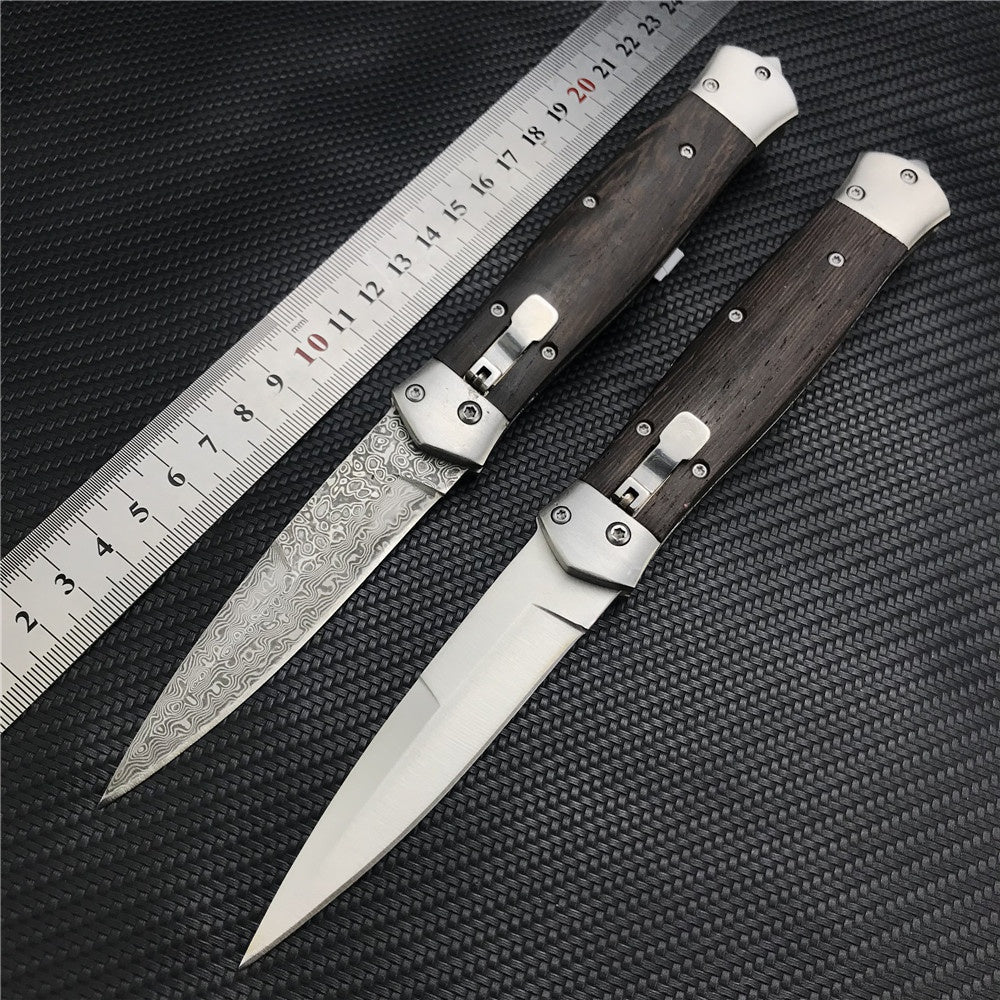 Damascus Steel Stiletto KnifeTactical Gear AUTO Folding Blade EDC Survival Knives Spring Assisted Knife Outdoor Camping Combat Hunting Knife