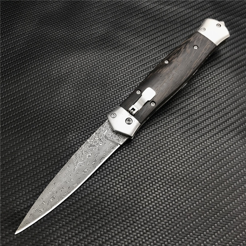 Damascus Steel Stiletto KnifeTactical Gear AUTO Folding Blade EDC Survival Knives Spring Assisted Knife Outdoor Camping Combat Hunting Knife