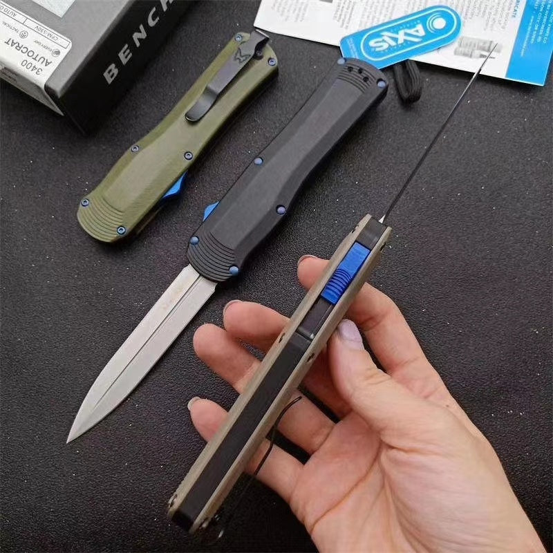 Tactical Spring Knives Benchmade 3400 Autocrat AUTO OTF Knife 3.71 Inch Satin S30V Double Edge Dagger Blade, Black G10 Handles self defence Switchblade Knife