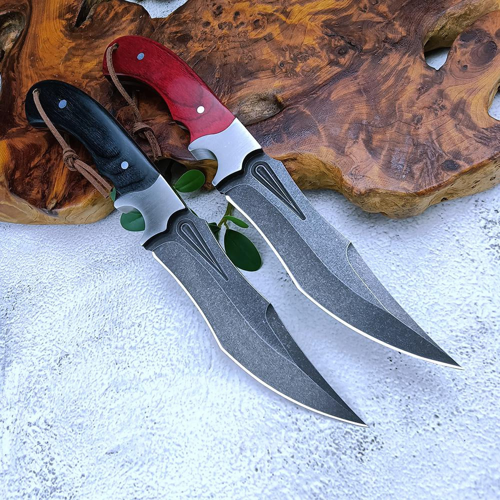 Stainless Steel Outdoor Bowie Knives Tactical Straight Knife Hunting Wild Jungle Survival Knife with Leather Sheath Self-defense Color Wood Handle Sharp Camping Knife