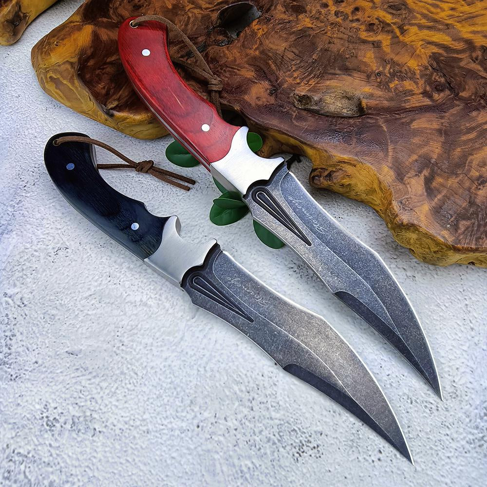 Stainless Steel Outdoor Bowie Knives Tactical Straight Knife Hunting Wild Jungle Survival Knife with Leather Sheath Self-defense Color Wood Handle Sharp Camping Knife