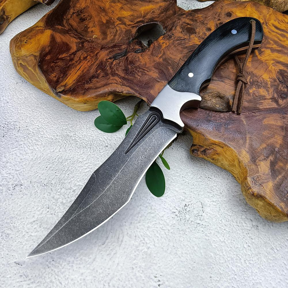 Stainless Steel Outdoor Bowie Knives Tactical Straight Knife Hunting Wild Jungle Survival Knife with Leather Sheath Self-defense Color Wood Handle Sharp Camping Knife